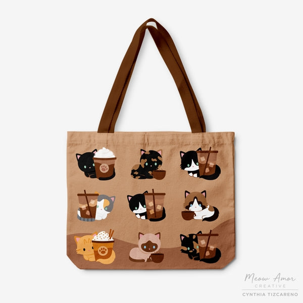 Coffee Cats Zipper Canvas Tote Bag