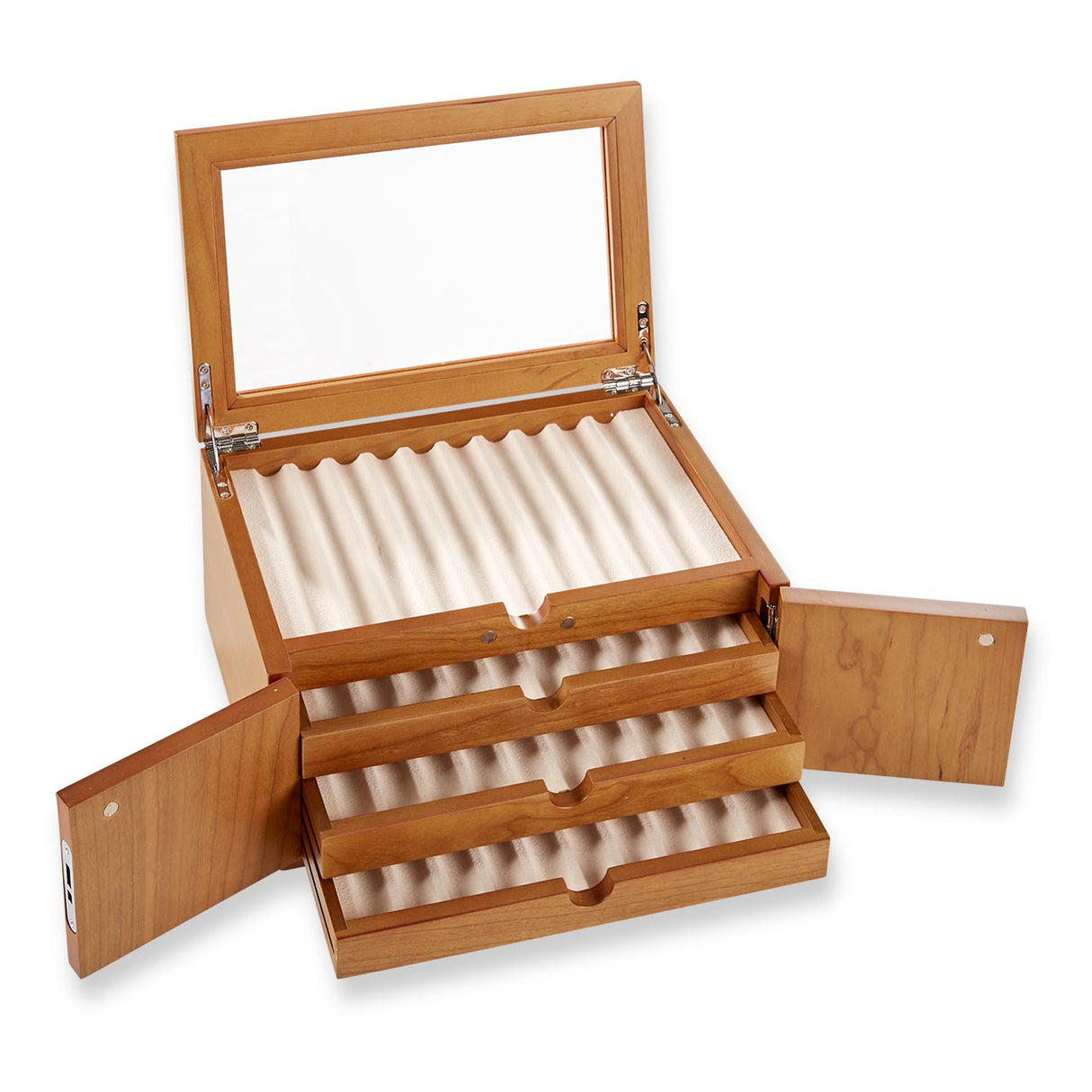 Our dramatic pen case for collectors, with new upgrades to accommodate larger styles. Part of the pleasure of being a pen lover is visual; a certain satisfaction ensues from being able to admire your favorites (and have others do the same). Our Lock and Key Pen Case offers more than an attractive space for displaying your prize pens—it also keeps your collection protected and free from dust. Unlock the wood inlay doors and lift the hinged protective glass lid to reveal the 4 drawers, each with 10 suede-line