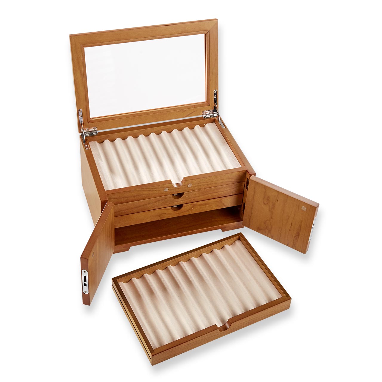 Our dramatic pen case for collectors, with new upgrades to accommodate larger styles. Part of the pleasure of being a pen lover is visual; a certain satisfaction ensues from being able to admire your favorites (and have others do the same). Our Lock and Key Pen Case offers more than an attractive space for displaying your prize pens—it also keeps your collection protected and free from dust. Unlock the wood inlay doors and lift the hinged protective glass lid to reveal the 4 drawers, each with 10 suede-line