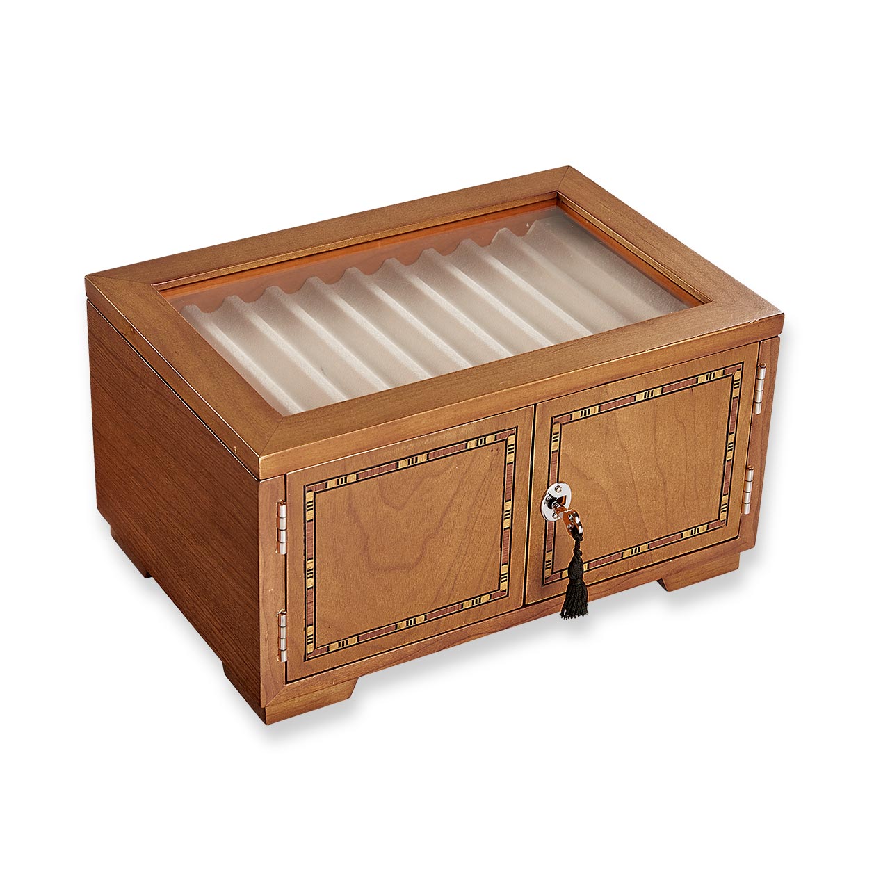 Our dramatic pen case for collectors, with new upgrades to accommodate larger styles. Part of the pleasure of being a pen lover is visual; a certain satisfaction ensues from being able to admire your favorites (and have others do the same). Our Lock and Key Pen Case offers more than an attractive space for displaying your prize pens—it also keeps your collection protected and free from dust. Unlock the wood inlay doors and lift the hinged protective glass lid to reveal the 4 drawers, each with 10 suede-line