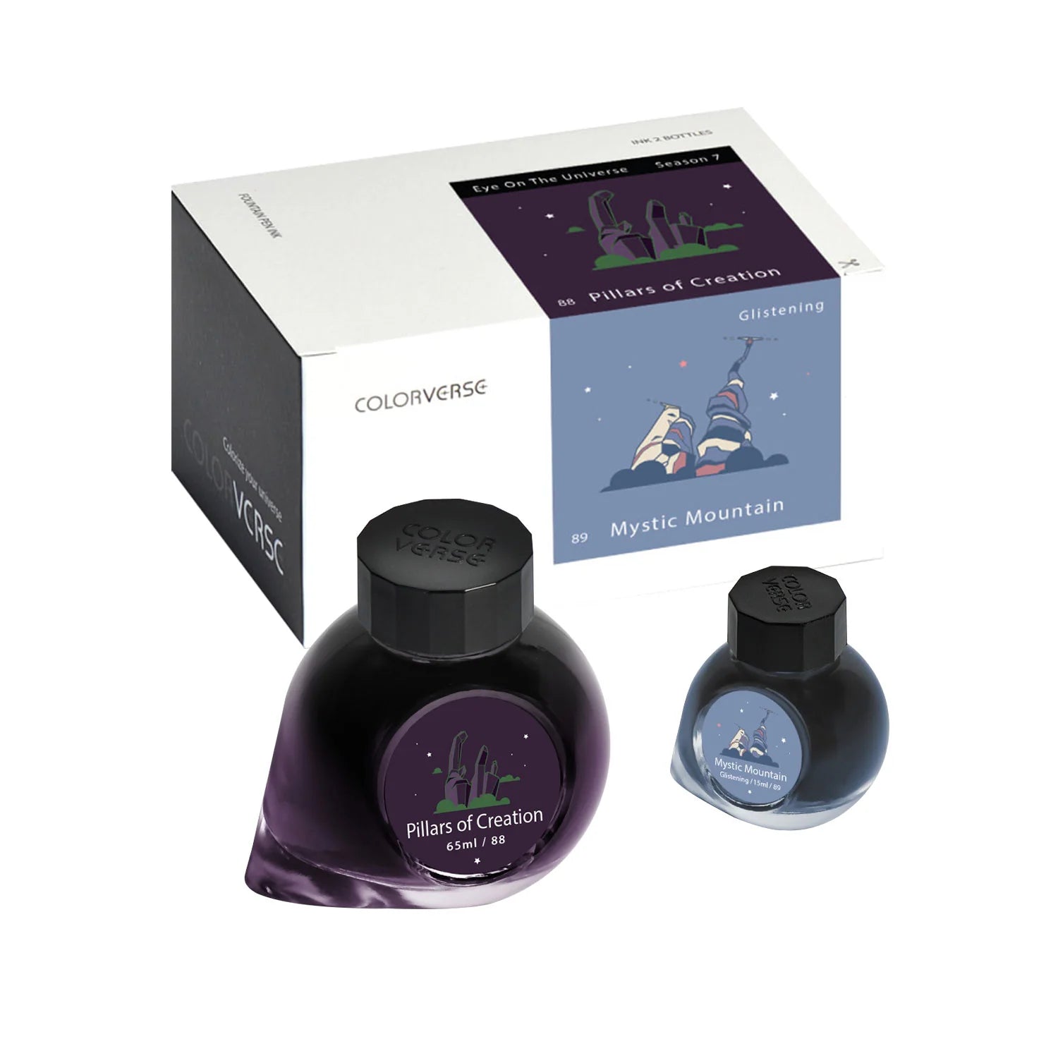 Indulge in a world of color with the Colorverse Season 7 writing ink. This premium ink provides a rich and vibrant writing experience, ideal for any stationery enthusiast. With Colorverse Season 7, every written word becomes a work of art. Enjoy a luxury writing experience.

Includes:

1 Bottle of 65 ml Pillars of Creation Ink
1 Bottle of 15 ml Mystic Mountain Ink - Glistening
