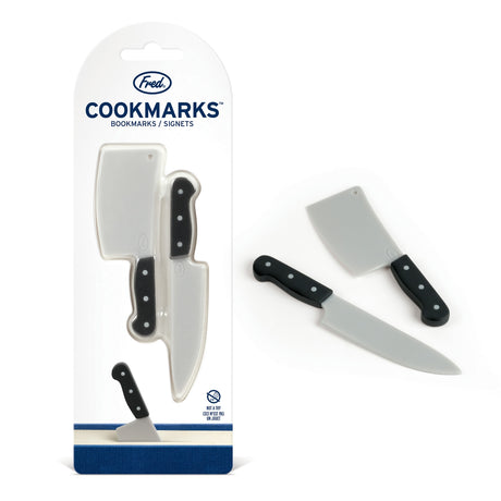 Let’s cut to the good part. Fred’s Cookmarks are knife-shaped bookmarks on the cutting edge of design, perfectly sized to slice through your reading list without dulling the story. Made from flexible silicone, they’re durable, lightweight, and include two styles — a chef’s knife and a cleaver — measuring 3.6" and 3.1" tall. Packed on a peggable blister card. Design by Charlotte Saul, Fred Studio.