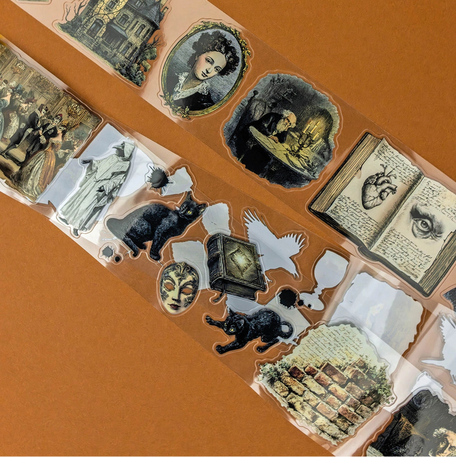 Add a moody, literary touch to your creative projects with this Poe-inspired Transparent Tape.

Designed for writers, readers, and journal lovers, this tape features atmospheric, text-led and gothic motifs printed on high-quality transparent matte material, perfect for layering over pages without overpowering your work. Each roll is ideal for bullet journals, scrapbooks, collage, junk journals, letters, and creative writing spreads, or as a thoughtful gift for literature lovers.