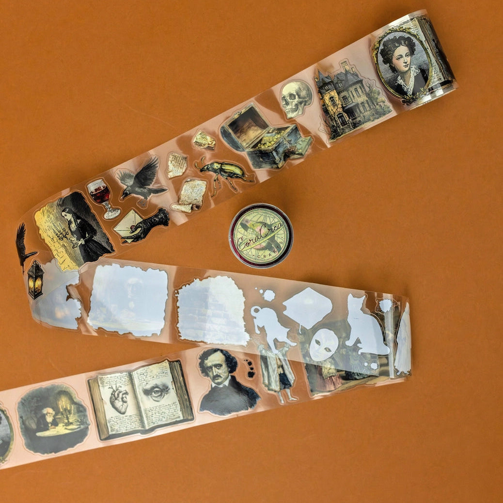 Add a moody, literary touch to your creative projects with this Poe-inspired Transparent Tape.

Designed for writers, readers, and journal lovers, this tape features atmospheric, text-led and gothic motifs printed on high-quality transparent matte material, perfect for layering over pages without overpowering your work. Each roll is ideal for bullet journals, scrapbooks, collage, junk journals, letters, and creative writing spreads, or as a thoughtful gift for literature lovers.
