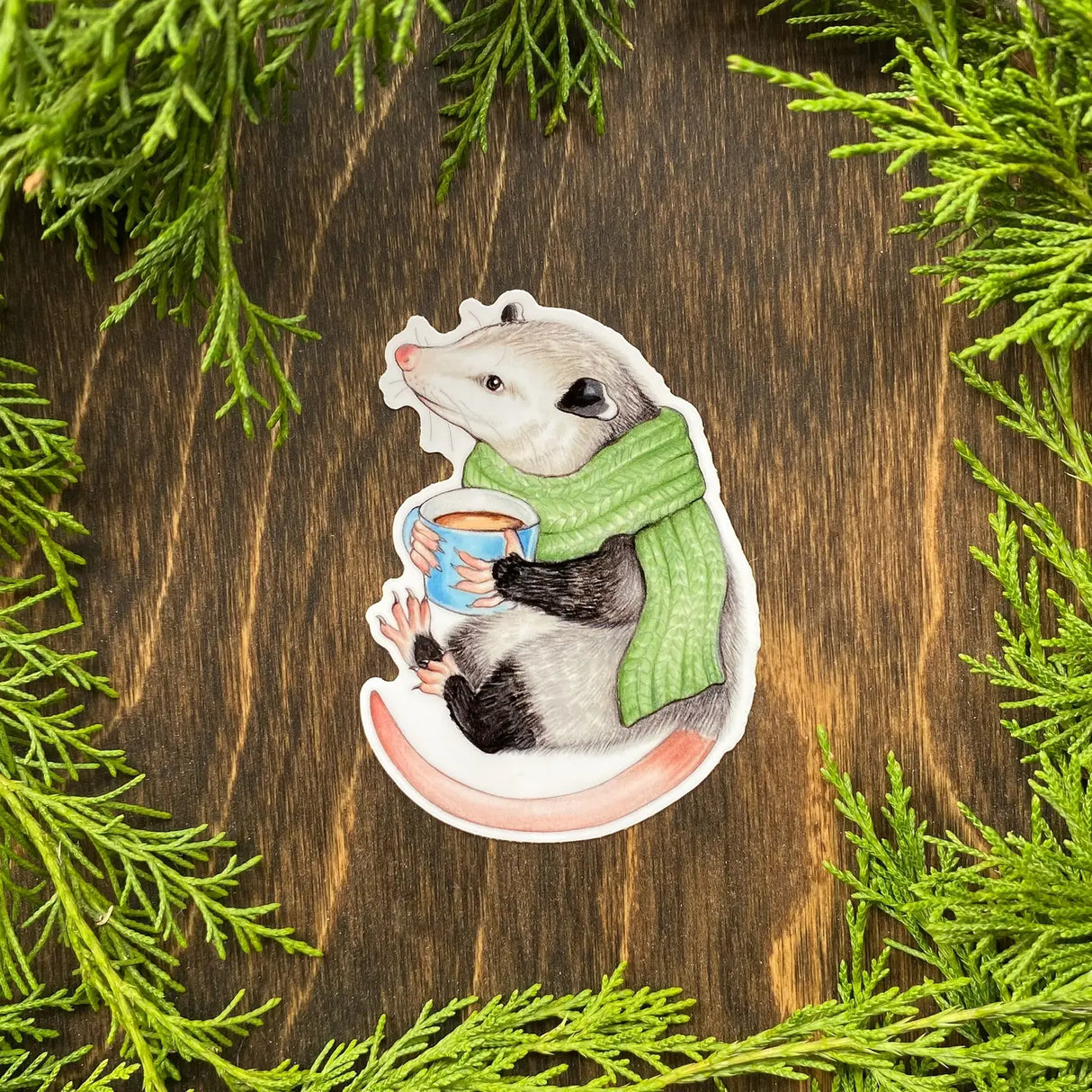 Cozy Opossum with Mug Vinyl Sticker