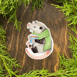 Cozy Opossum with Mug Vinyl Sticker