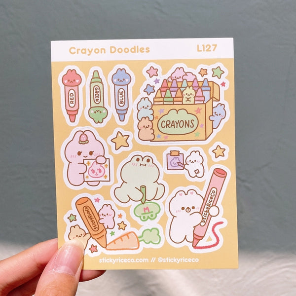 Doodle using crayons with Rice the Bear, Ichigo the Bunny, and Matcha the Frog! These cute stickers are perfect for any journal or bujo!
