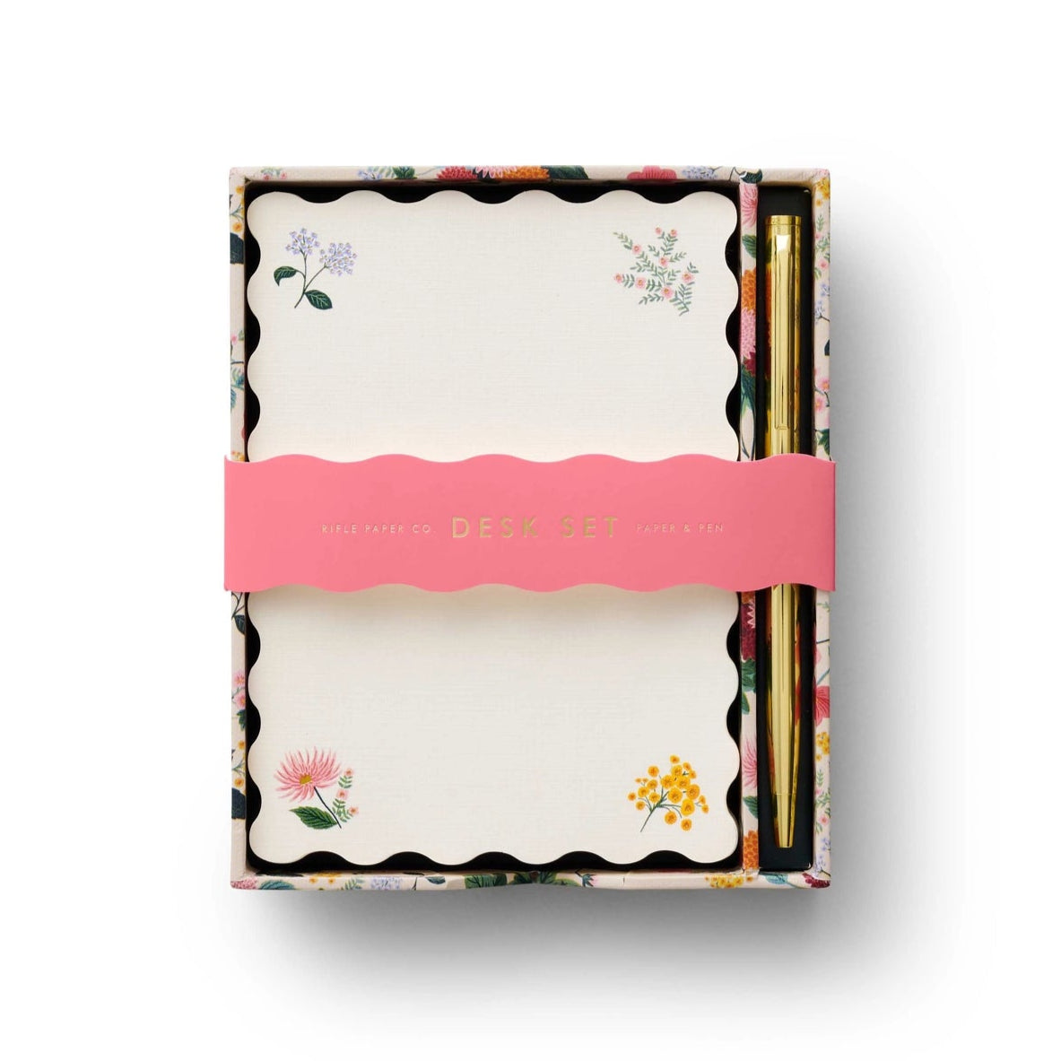 130 linen-textured sheets with metal gold accents and a gold pen with black ink in a reusable desk organizer.

Dimensions: 4.9 x 5.8 x 1 in (12.4 x 14.7 x 2.5 cm)