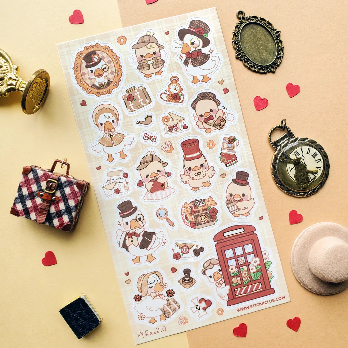 STICKII - Darling British Ducks Sticker Sheet

🎩 🦆 Ready for a quacking good time? Prepare to be charmed by this delightful flock of ducks, dressed to impress in impeccable British-inspired vintage outfits. From deerstalker hats to dapper capes, fancy top hats to adorable bow ties, these feathered friends will add a splash of British charm to any page they waddle onto.

Top Coating: Gold foil
Adhesive Layer: Paper
Backing Layer: Paper
6.69" x 3.54".
Weight - 0.03lbs.
1 sheet included &nbsp; &nbsp;