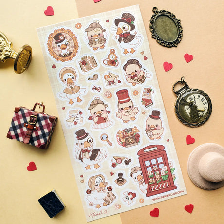 STICKII - Darling British Ducks Sticker Sheet

🎩 🦆 Ready for a quacking good time? Prepare to be charmed by this delightful flock of ducks, dressed to impress in impeccable British-inspired vintage outfits. From deerstalker hats to dapper capes, fancy top hats to adorable bow ties, these feathered friends will add a splash of British charm to any page they waddle onto.

Top Coating: Gold foil
Adhesive Layer: Paper
Backing Layer: Paper
6.69" x 3.54".
Weight - 0.03lbs.
1 sheet included &nbsp; &nbsp;