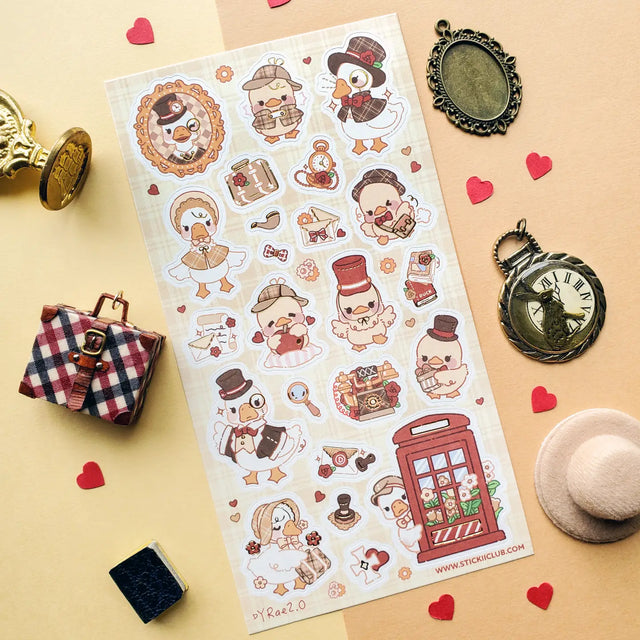 STICKII - Darling British Ducks Sticker Sheet

🎩 🦆 Ready for a quacking good time? Prepare to be charmed by this delightful flock of ducks, dressed to impress in impeccable British-inspired vintage outfits. From deerstalker hats to dapper capes, fancy top hats to adorable bow ties, these feathered friends will add a splash of British charm to any page they waddle onto.

Top Coating: Gold foil
Adhesive Layer: Paper
Backing Layer: Paper
6.69" x 3.54".
Weight - 0.03lbs.
1 sheet included &nbsp; &nbsp;