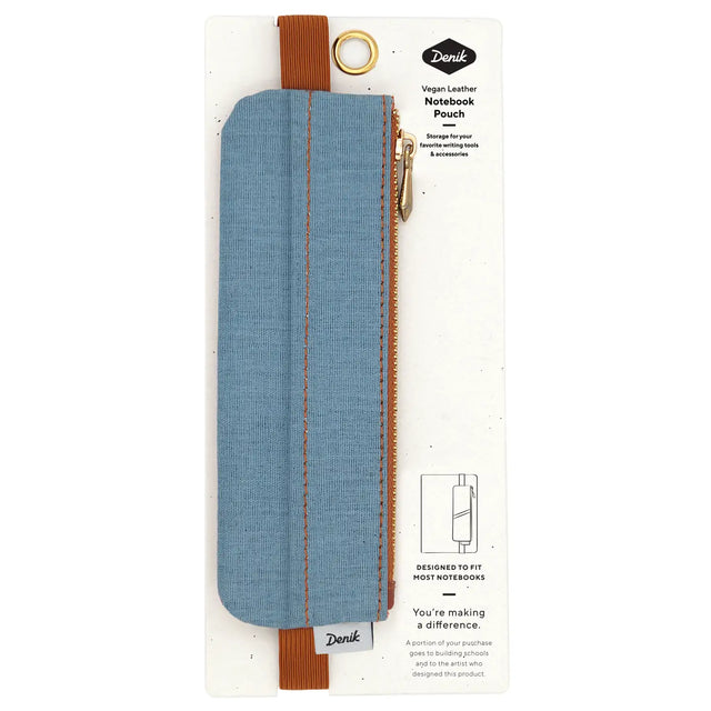 Denim Distressed Blue Notebook Pouch

Keep your go-to notebook and must-have pens together with our Denim Blue Notebook Pouch (honestly, we should’ve made these sooner). Designed with a fabric front, PU back, and a fully nylon-lined interior, it features an elastic band that fits snugly around most notebooks—so you’re ready for everyday ideas on the go.

Vegan Leather Pouch with Zipper
Elastic Fits Books up to 9" High
Zipper closure
9" x 3.75"