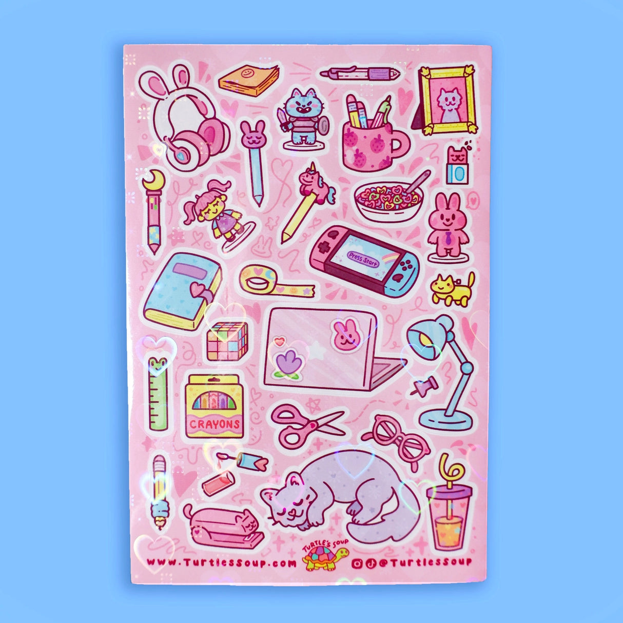 🐢 Our Kiss Cut Sticker Sheets are 4 inches by 6 inches and include one (1) sheet per package, with 10 to 20 individual waterproof, stickers on each.&nbsp;

🐢 Each sheet is enclosed in a sleeve with an art backing card and are retail-ready!

🐢 Stick them on water bottles, laptops, cars, coolers, helmets, skateboards, or just about any flat surface you can think of.&nbsp;