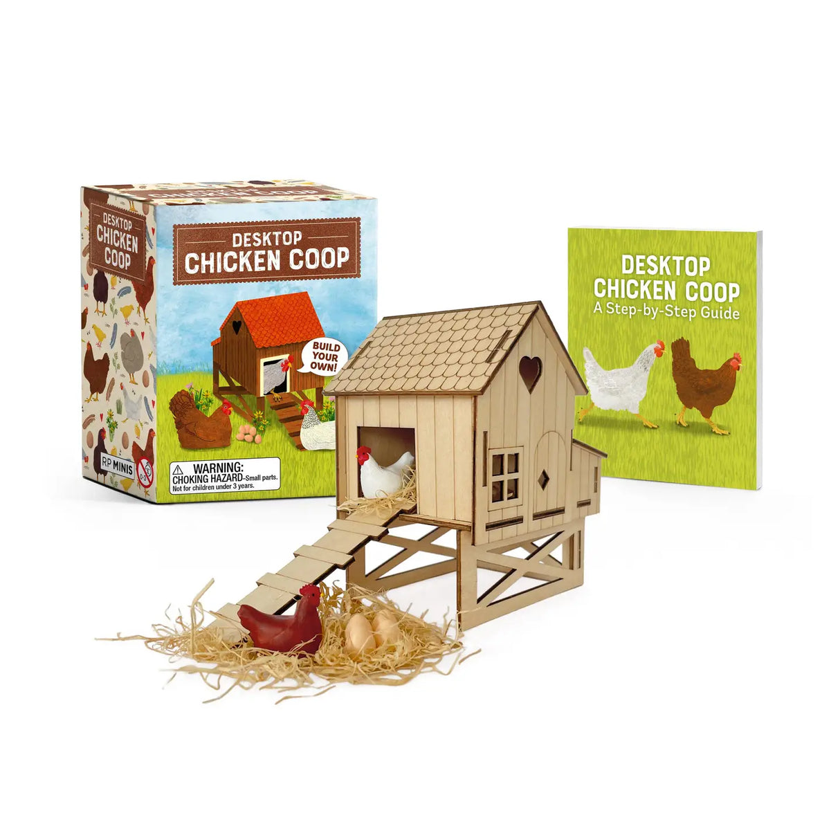 Now you can keep your own brood of chickens right at your desktop with this miniature build-your-own chicken coop.

Specifications: Includes 15 pieces of pre-cut wood to assemble into a 4-inch-tall chicken coop, complete with hay, 2 miniature chickens, and 4 eggs
Illustrated Mini Book: Includes a 48-page mini book (2-1/2 x 3 inches) with essential information and chicken coop basics

A Unique Gift: The perfect gift item for people who have backyard chickens (or those who would like to but don't have a backy