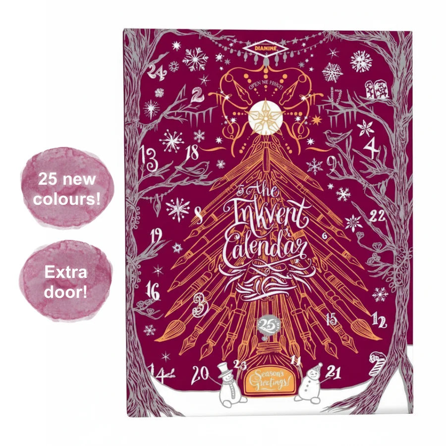 The Diamine InkVent Calendar 2026 is the ultimate treat for fountain pen ink fanatics (or, let’s face it, a well-deserved splurge for yourself!).

Behind each of the 24 doors is an ink bottle, with the first twenty-four days featuring a different 12ml plastic ink bottle, and the final day holding a 30ml plastic ink bottle. The Inkvent has been enhanced this year with swatch cards and a 26th door that will contain a unique collectable.

All the inks are brand new and include: Standard, Sheen, Extreme Sheen, 