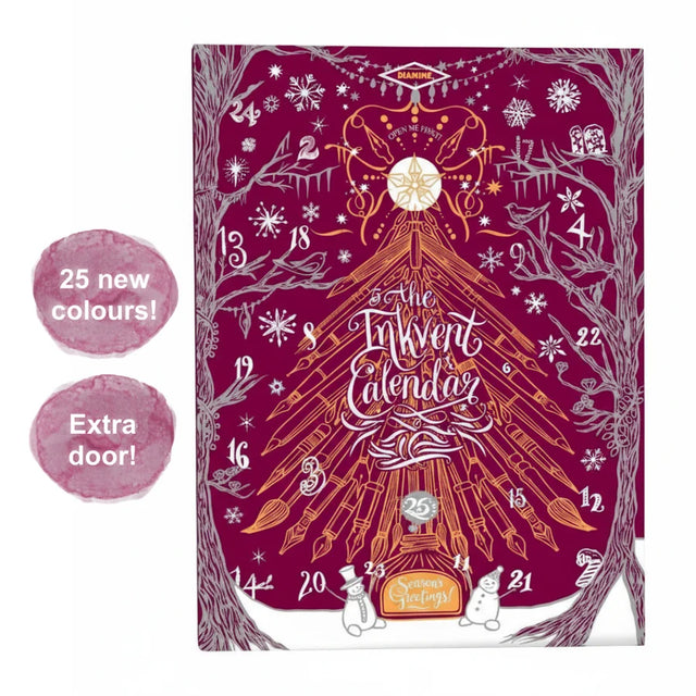 The Diamine InkVent Calendar 2026 is the ultimate treat for fountain pen ink fanatics (or, let’s face it, a well-deserved splurge for yourself!).

Behind each of the 24 doors is an ink bottle, with the first twenty-four days featuring a different 12ml plastic ink bottle, and the final day holding a 30ml plastic ink bottle. The Inkvent has been enhanced this year with swatch cards and a 26th door that will contain a unique collectable.

All the inks are brand new and include: Standard, Sheen, Extreme Sheen, 