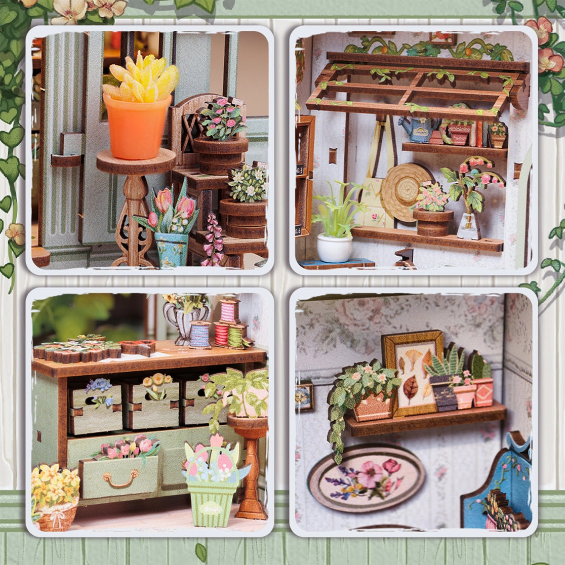 This elegant miniature captures the beauty of a boutique flower shop, adorned with delicate blooms, pastel accents, and a graceful arched doorway that invites you inside.

From the dainty floral arrangements to the hand-painted shop signs and warm, glowing interior, every detail evokes the feeling of strolling down the Champs-Élysées on a sunny afternoon. The soft LED lights cast a welcoming glow, highlighting rows of flowers ready to be wrapped for someone special.