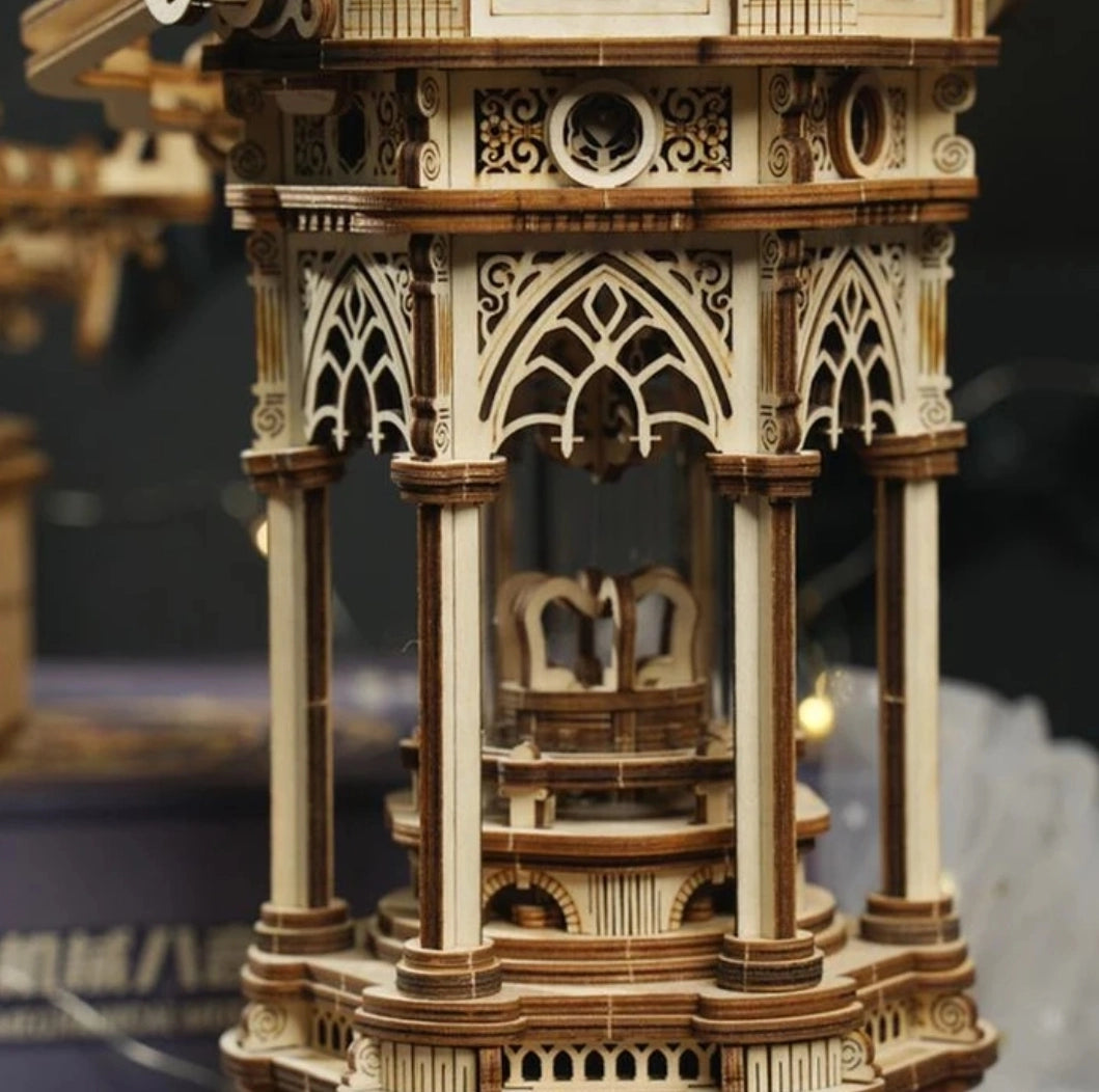 This ornate lantern DIY music box lights up as well as plays to the melody of "YOU LIGHT UP MY LIFE" after being wound up.

• Music box tune: YOU LIGHT UP MY LIFE

• Assembled size: 140 x 115 x 300mm.

• Pieces: 210 pcs.

• Age range: > 14 years old