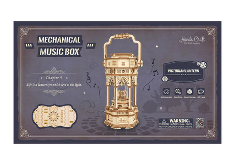 This ornate lantern DIY music box lights up as well as plays to the melody of "YOU LIGHT UP MY LIFE" after being wound up.

• Music box tune: YOU LIGHT UP MY LIFE

• Assembled size: 140 x 115 x 300mm.

• Pieces: 210 pcs.

• Age range: &gt; 14 years old