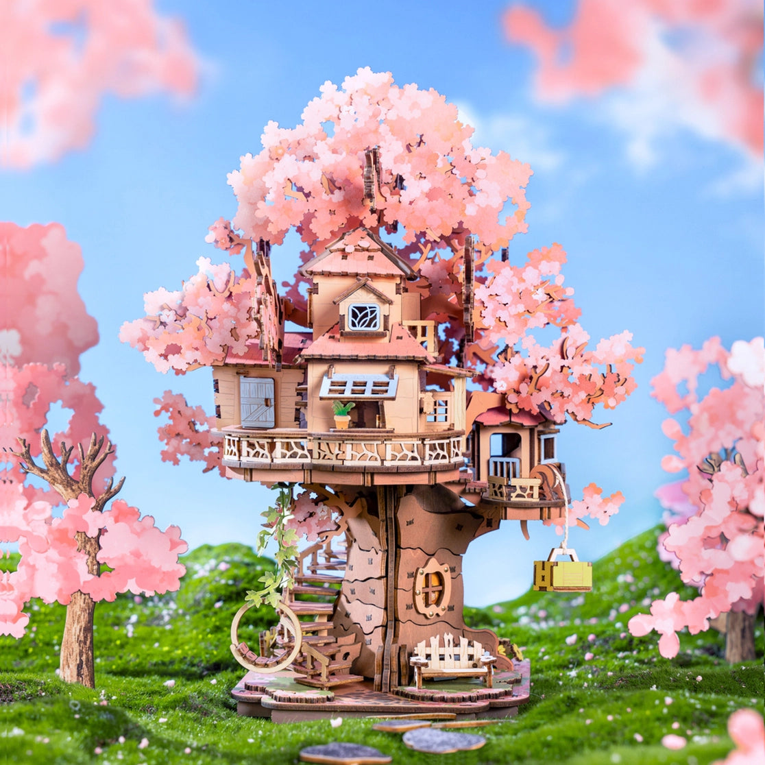 Craft a fairy sakura-scented retreat with this Rolife 3d puzzle! Delicate cherry blossoms, a swing, spiral stairs &amp; lift basket channel —no plastic, just soul-soothing wood. The miniature kit brings adventure fantasies to life.

535-piece 3d puzzle click snugly without glue—just gentle pressure! (no nail-breaking snaps!). Enjoy 5 hours of immersive, stress-relieving fun with the miniature kit. Perfect for unwinding after work or sharing quality time with family.