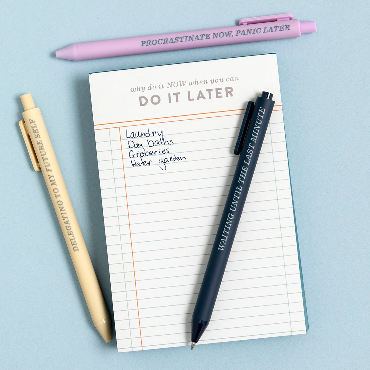 Procrastinators, rejoice—the Do It Later Notepad is here to validate your vibe. This 4x6” memo pad features 120 ledger-style sheets with playful blue gilded edges and a cheeky header that reads, “Why do it now when you can do it later.” Compact and colorful, it’s perfect for jotting down tasks, reminders, or notes you’ll definitely get to… eventually. Whether you’re managing a mile-long to-do list or just need a stylish place to doodle, this notepad adds a pop of personality to your desk. Makes a fun gift f