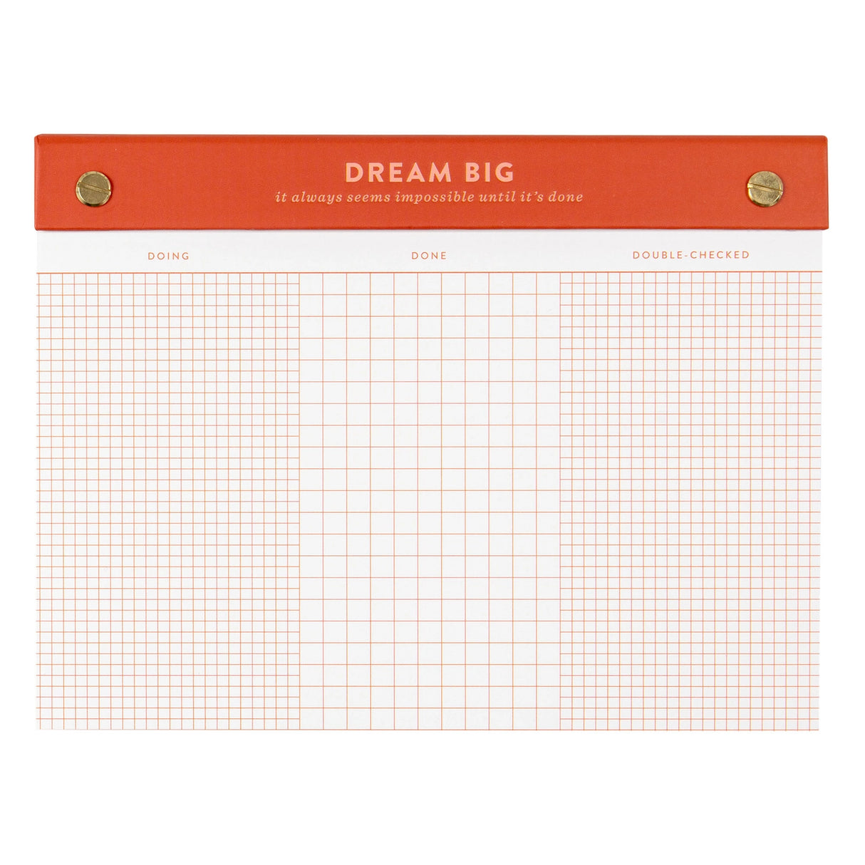 Turn your to-dos into ta-das with the Dream Big Notepad. This 6x8” desk pad features 75 grid pages organized into columns for Doing, Done, and Double-Checked—perfect for tackling big goals one step at a time. With smooth 120gsm paper, gold posts, and a bold red-orange header, it’s designed to keep you motivated and organized. The top-bound format and perforated pages make it easy to tear off and take with you. Ideal for goal-setters, planners, and productivity lovers. Makes a great gift for students, cowork