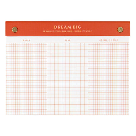 Turn your to-dos into ta-das with the Dream Big Notepad. This 6x8” desk pad features 75 grid pages organized into columns for Doing, Done, and Double-Checked—perfect for tackling big goals one step at a time. With smooth 120gsm paper, gold posts, and a bold red-orange header, it’s designed to keep you motivated and organized. The top-bound format and perforated pages make it easy to tear off and take with you. Ideal for goal-setters, planners, and productivity lovers. Makes a great gift for students, cowork