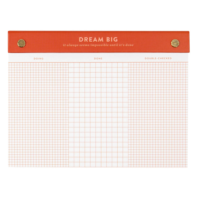 Turn your to-dos into ta-das with the Dream Big Notepad. This 6x8” desk pad features 75 grid pages organized into columns for Doing, Done, and Double-Checked—perfect for tackling big goals one step at a time. With smooth 120gsm paper, gold posts, and a bold red-orange header, it’s designed to keep you motivated and organized. The top-bound format and perforated pages make it easy to tear off and take with you. Ideal for goal-setters, planners, and productivity lovers. Makes a great gift for students, cowork