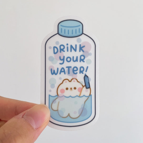 Drink Your Water Rice the Bear Vinyl Sticker