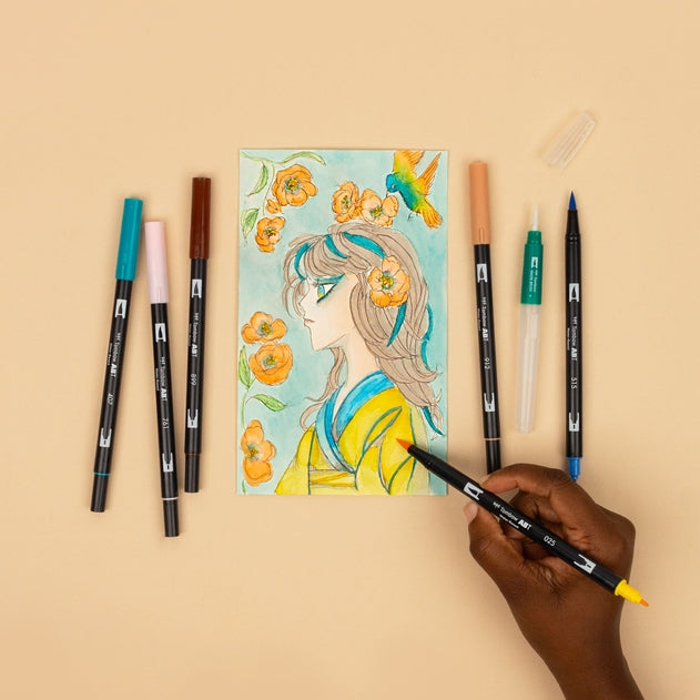 Dual Brush Pen Art Markers, Manga Illustration, Bird 6-Pack