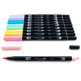 Set of 10 colors. Dual Brush Pens feature flexible brush tip and fine tip in one marker. Brush tip works like a paintbrush to create fine, medium or bold strokes; fine tip gives consistent lines. Dual Brush Pens are ideal for artists and crafters. The water-based ink is blendable and the resilient nylon brush retains its point stroke after stroke.

Colors include: 761 Carnation, 723 Pink, 991 Light Ochre, 062 Pale Yellow, 243 Mint, 451 Sky Blue, 452 Process Blue, 553 Mist Purple, 620 Lilac, N95 Cool Gray 1.