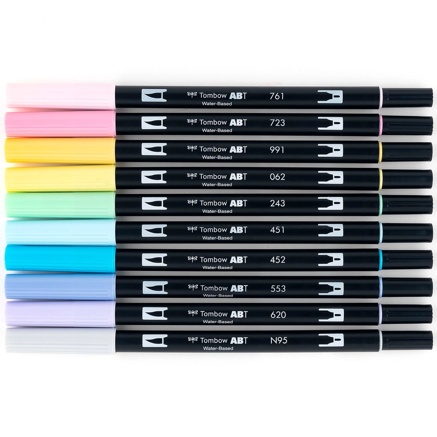 Set of 10 colors. Dual Brush Pens feature flexible brush tip and fine tip in one marker. Brush tip works like a paintbrush to create fine, medium or bold strokes; fine tip gives consistent lines. Dual Brush Pens are ideal for artists and crafters. The water-based ink is blendable and the resilient nylon brush retains its point stroke after stroke.

Colors include: 761 Carnation, 723 Pink, 991 Light Ochre, 062 Pale Yellow, 243 Mint, 451 Sky Blue, 452 Process Blue, 553 Mist Purple, 620 Lilac, N95 Cool Gray 1.