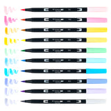 Set of 10 colors. Dual Brush Pens feature flexible brush tip and fine tip in one marker. Brush tip works like a paintbrush to create fine, medium or bold strokes; fine tip gives consistent lines. Dual Brush Pens are ideal for artists and crafters. The water-based ink is blendable and the resilient nylon brush retains its point stroke after stroke.

Colors include: 761 Carnation, 723 Pink, 991 Light Ochre, 062 Pale Yellow, 243 Mint, 451 Sky Blue, 452 Process Blue, 553 Mist Purple, 620 Lilac, N95 Cool Gray 1.