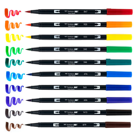 New, updated color palette! Set of 10 colors. Dual Brush Pens feature flexible brush tip and fine tip in one marker. Brush tip works like a paintbrush to create fine, medium or bold strokes; fine tip gives consistent lines. Dual Brush Pens are ideal for artists and crafters. The water-based ink is blendable and the resilient nylon brush retains its point stroke after stroke.
