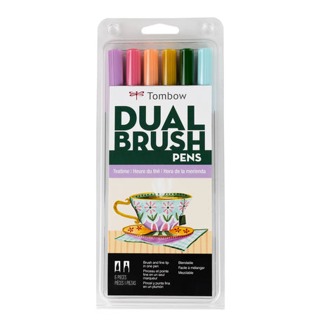Set of 6 colors. Dual Brush Pens feature a flexible brush tip and a fine tip in one marker. The brush tip works like a paintbrush to create fine, medium, or bold strokes, while the fine tip provides consistent lines. The Teatime palette is inspired by elegant tea blends, featuring soft florals and earthy tones for a refined, calming aesthetic. The water-based ink is blendable, and the resilient nylon brush retains its point stroke after stroke. Colors include: Orchid (673), Mauve (817), Coral (873), Yellow 