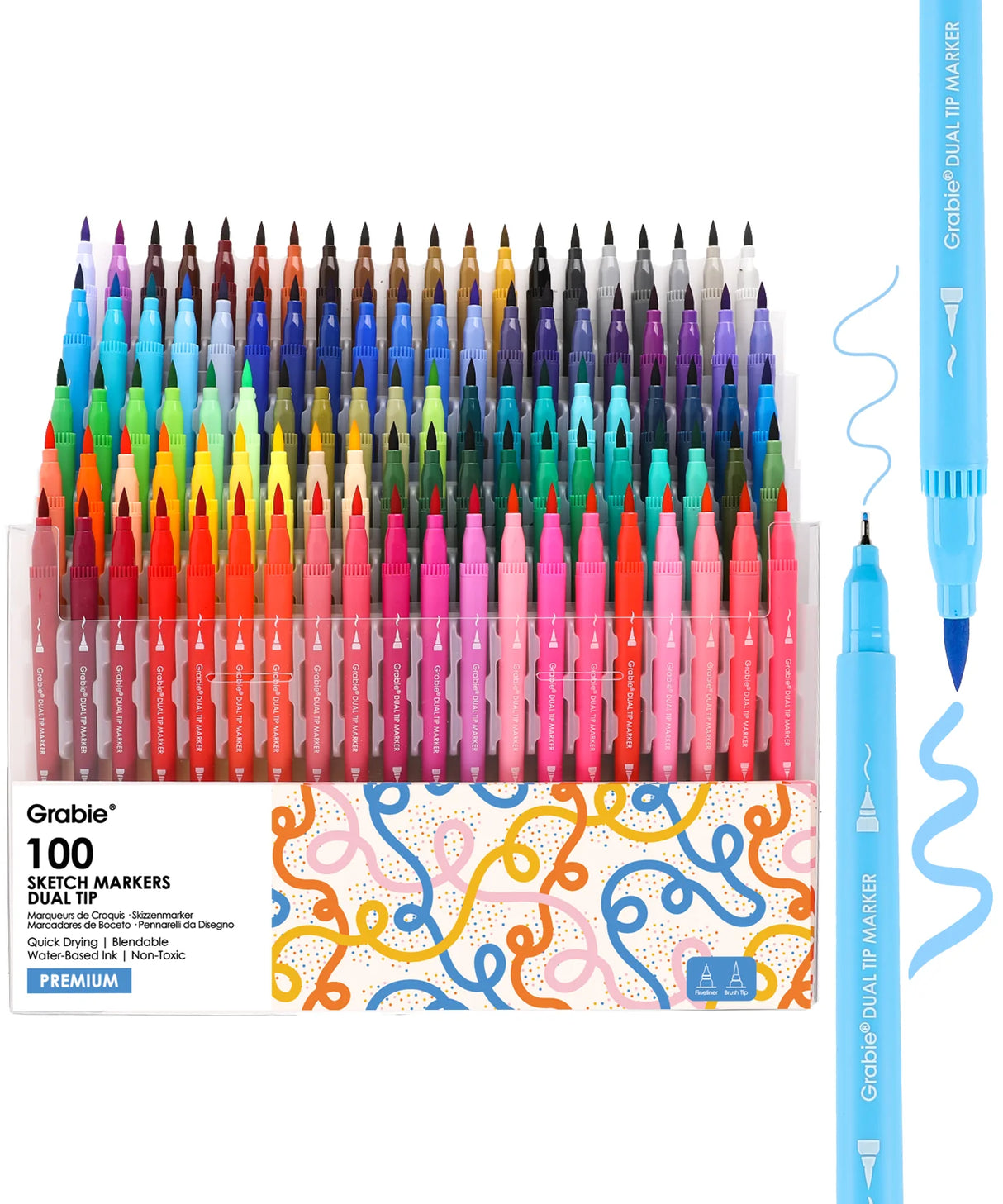 Ready to elevate your art? Grabie Art Supplies presents the ultimate set of 100 dual-tip sketch markers - the perfect partner for your creative journey. Each paint marker pen features both a flexible brush tip and a precise fineliner, giving you the power to create stunning illustrations, detailed journal entries, beautiful calligraphy, and professional drawings. Dive into vibrant color with these best markers for coloring and unlock limitless potential with Grabie Markers!