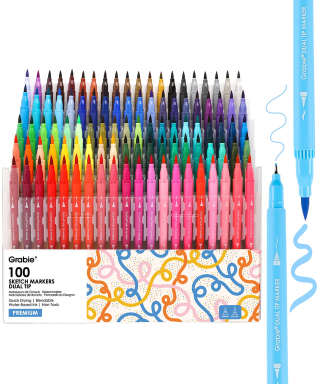 Ready to elevate your art? Grabie Art Supplies presents the ultimate set of 100 dual-tip sketch markers - the perfect partner for your creative journey. Each paint marker pen features both a flexible brush tip and a precise fineliner, giving you the power to create stunning illustrations, detailed journal entries, beautiful calligraphy, and professional drawings. Dive into vibrant color with these best markers for coloring and unlock limitless potential with Grabie Markers!