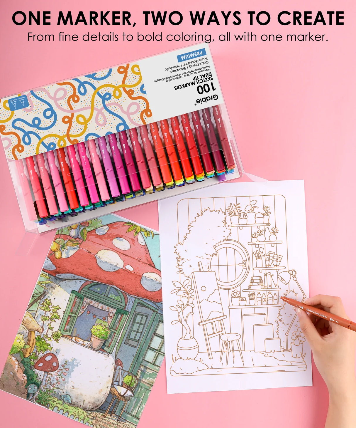 Ready to elevate your art? Grabie Art Supplies presents the ultimate set of 100 dual-tip sketch markers - the perfect partner for your creative journey. Each paint marker pen features both a flexible brush tip and a precise fineliner, giving you the power to create stunning illustrations, detailed journal entries, beautiful calligraphy, and professional drawings. Dive into vibrant color with these best markers for coloring and unlock limitless potential with Grabie Markers!