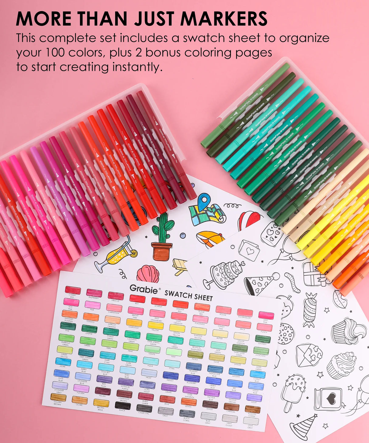 Ready to elevate your art? Grabie Art Supplies presents the ultimate set of 100 dual-tip sketch markers - the perfect partner for your creative journey. Each paint marker pen features both a flexible brush tip and a precise fineliner, giving you the power to create stunning illustrations, detailed journal entries, beautiful calligraphy, and professional drawings. Dive into vibrant color with these best markers for coloring and unlock limitless potential with Grabie Markers!