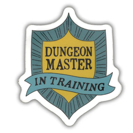 Sticker with 'Dungeon Master in Training' text on a shield-like design.