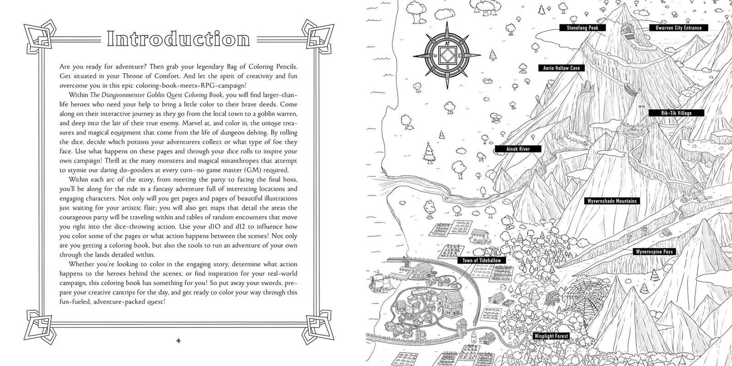 Follow a party of adventurers and color in their journey as they visit taverns, fight off monsters, and save the day in this coloring book-meets-RPG adventure made just for tabletop RPG players.

Düngeonmeister: The Goblin Quest Coloring Book is filled with coloring pages based on classic fantasy tabletop adventures, with playable game elements to inspire your next quest.

The coloring pages follow a party of heroes as they travel through their game world, encountering monsters, ambushes, and other adventur