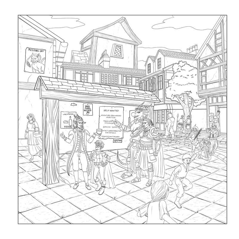 Follow a party of adventurers and color in their journey as they visit taverns, fight off monsters, and save the day in this coloring book-meets-RPG adventure made just for tabletop RPG players.

Düngeonmeister: The Goblin Quest Coloring Book is filled with coloring pages based on classic fantasy tabletop adventures, with playable game elements to inspire your next quest.

The coloring pages follow a party of heroes as they travel through their game world, encountering monsters, ambushes, and other adventur