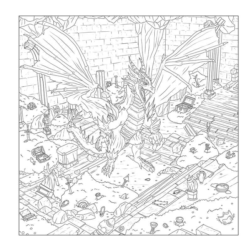 Follow a party of adventurers and color in their journey as they visit taverns, fight off monsters, and save the day in this coloring book-meets-RPG adventure made just for tabletop RPG players.

Düngeonmeister: The Goblin Quest Coloring Book is filled with coloring pages based on classic fantasy tabletop adventures, with playable game elements to inspire your next quest.

The coloring pages follow a party of heroes as they travel through their game world, encountering monsters, ambushes, and other adventur
