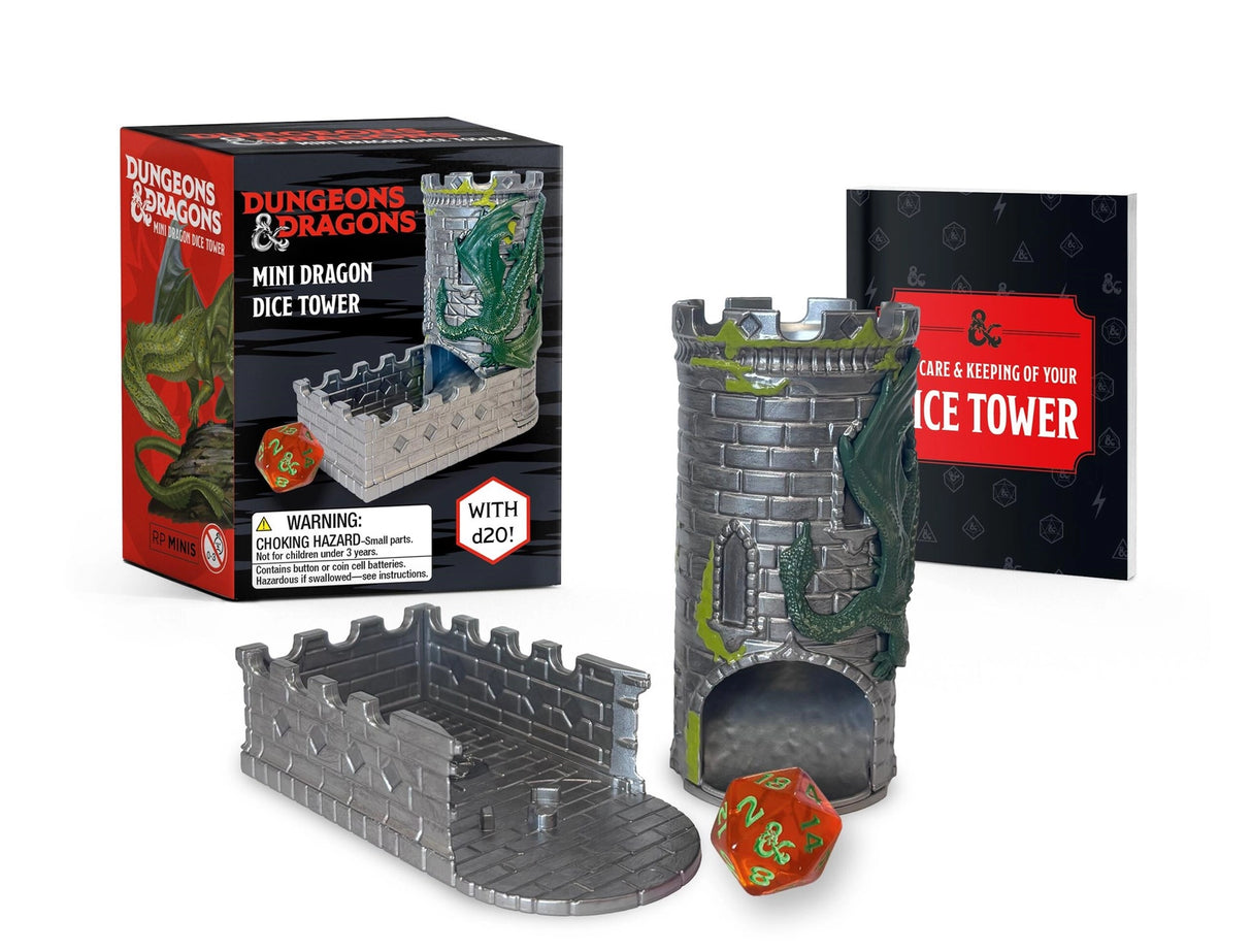 Keep your good dice rolls coming with this official miniature D&amp;D Dragon Dice Tower.

Light-Up Dice Tower: Includes a 3-1/2 inch tall dice tower with a molded green dragon wrapped around the tower, and red LED light feature
With a special Branded D20: A translucent d20 is branded with the D&amp;D for the 20
Illustrated Mini Book Included: With tips and advice on how to use the dice tower and appease your mini dragon
Includes 3 button cell batteries.

Perfect Gift for D&amp;D Fans: Display on a shelf, de