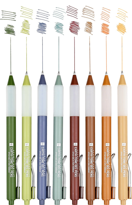 Quick-drying fine-tip gel pens with expressive earth-tone colors provide a seamless flow of ink for a flawless writing experience!   Retractable gel pens are perfect for intricate journaling, drawing, planning, and more!  Ultra-fine 0.5 mm tips for precision writing.  Smudge-free. No bleed-through.  Choose from a palette of 8 earth tones to bring a touch of nature to all your writing projects.  Perfect for sketching, note-taking, and correspondence.  8 earth-tone colors feature greens, blues, and browns.  