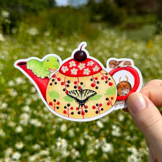 Eastern Tiger Swallowtail Caterpillars with Cherry Teapot Vinyl Sticker