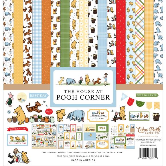 With designs as sweet as honey, welcome Pooh and his friends into your projects with the NEW The House At Pooh Corner Collection.&nbsp;

This Collection Kit includes Twelve 12” x 12” double sided papers that feature unique designs on each side. This kit also includes one 12” Element Sticker Sheet that highlights some of our favorite details from within the collection. All of our paper products are both acid free and lignin free, printed on 65lb accent opaque cardstock, and made in the USA.