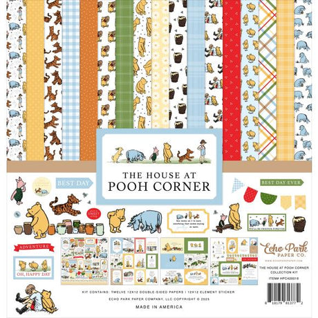 With designs as sweet as honey, welcome Pooh and his friends into your projects with the NEW The House At Pooh Corner Collection.&nbsp;

This Collection Kit includes Twelve 12” x 12” double sided papers that feature unique designs on each side. This kit also includes one 12” Element Sticker Sheet that highlights some of our favorite details from within the collection. All of our paper products are both acid free and lignin free, printed on 65lb accent opaque cardstock, and made in the USA.