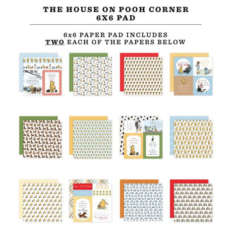 With designs as sweet as honey, welcome Pooh and his friends into your projects with the NEW The House At Pooh Corner Collection. 

This 6" x 6" Paper Pad includes 24 double sided papers that feature unique designs on each side. All patterns and elements have been scaled down making them perfect for cardmaking or similar applications. All of our Echo Park Paper Co. paper pad products are both acid free and lignin free, printed on 65 lb accent opaque cardstock, and made in the USA.
