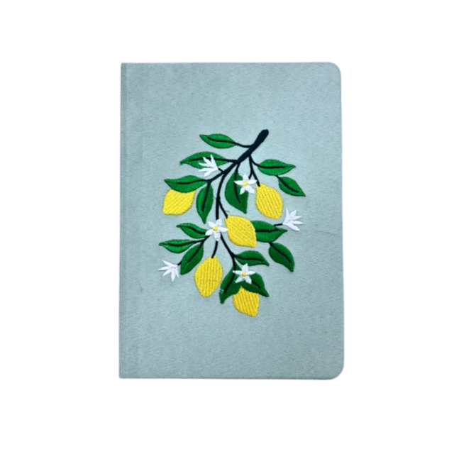 Embroidered&nbsp;Lemon Hardbound Notebook

Premium embroidered cover and beautiful cream-colored lined pages making it easy to keep track of even the smallest details. Complete with a rich, satin ribbon allowing you to bookmark your favorite pages and experiences.

5.75" x 8.25" hardcover journal notebook
Embroidered cover artwork
144 lined pages
Glorious Smythe-sewn binding allows notebook to lay flat
Ribbon Bookmark
Durable binding and high-quality paper for a premium writing experience
Ideal for gifts, p
